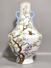 A Rare Famille-Rose Painted Gold Flower and Bird Pattern Double-Ears Vase,With Poem