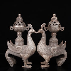 A Pair of Exquisite Silver Phoenix Censers