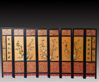 A Set of Huge Zitanwood Flower and Bird Pattern Screens, Inlaid Gems,With Poem