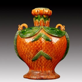 A Rare Tang Tri-Color Glazed Pottery Double Fish Pattern Vase