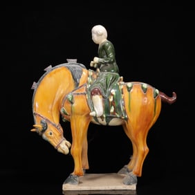 An Rare Tang Tri-Color Glazed Pottery  Figure Riding Horse Ornament