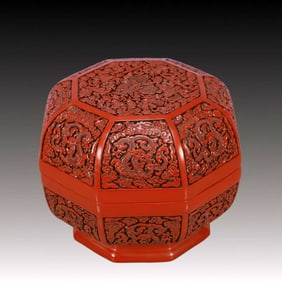 An Exquisite Carved Red Lacquer Eight Treasures and Dragon Pattern Cover Box