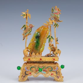 An Exquisite Filigree and Gilding Inlaid Jadeite Bamboo Ornament,Inlaid Gems