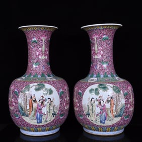 A Pair of Huge Famille-Rose Flower and Figure Pattern Vases