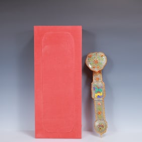 An Exquisite Filigree and Gilding Inlaid Greenish Jade Flower Pattern Ruyi Ornament,Inlaid Gems