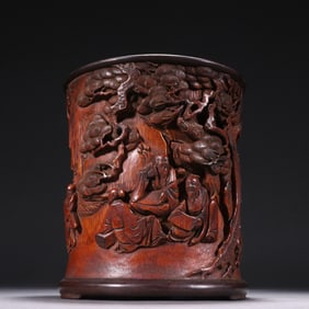 An Exquisite Bamboo Figure and Pine Pattern Brush Pot,With Poem