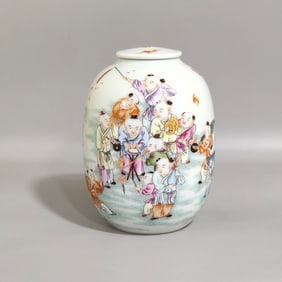 An Exquisite Famille-Rose Character and Story Pattern Tea Caddy