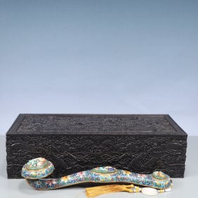 A Huge Cloisonne Inlaid Sapphire Lotus and Deer Pattern Ruyi,Inlaid Gems,With Auspicious Cloud and