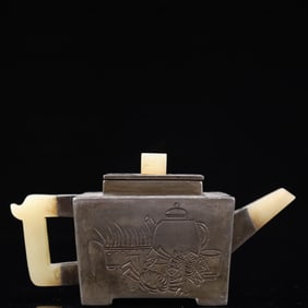 An Exquisite Tin Inlaid White Jade Crab Pattern Ewer,With Poem