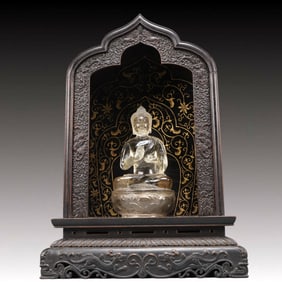 A Precious Zitanwood Painted Gold Lotus Pattern Niche,With Crystal Statue of Sakyamuni