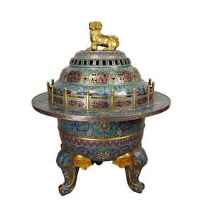 A Huge Cloisonne Hollow Lotus and Dragon Pattern Tripod Censer,With Beast Cover