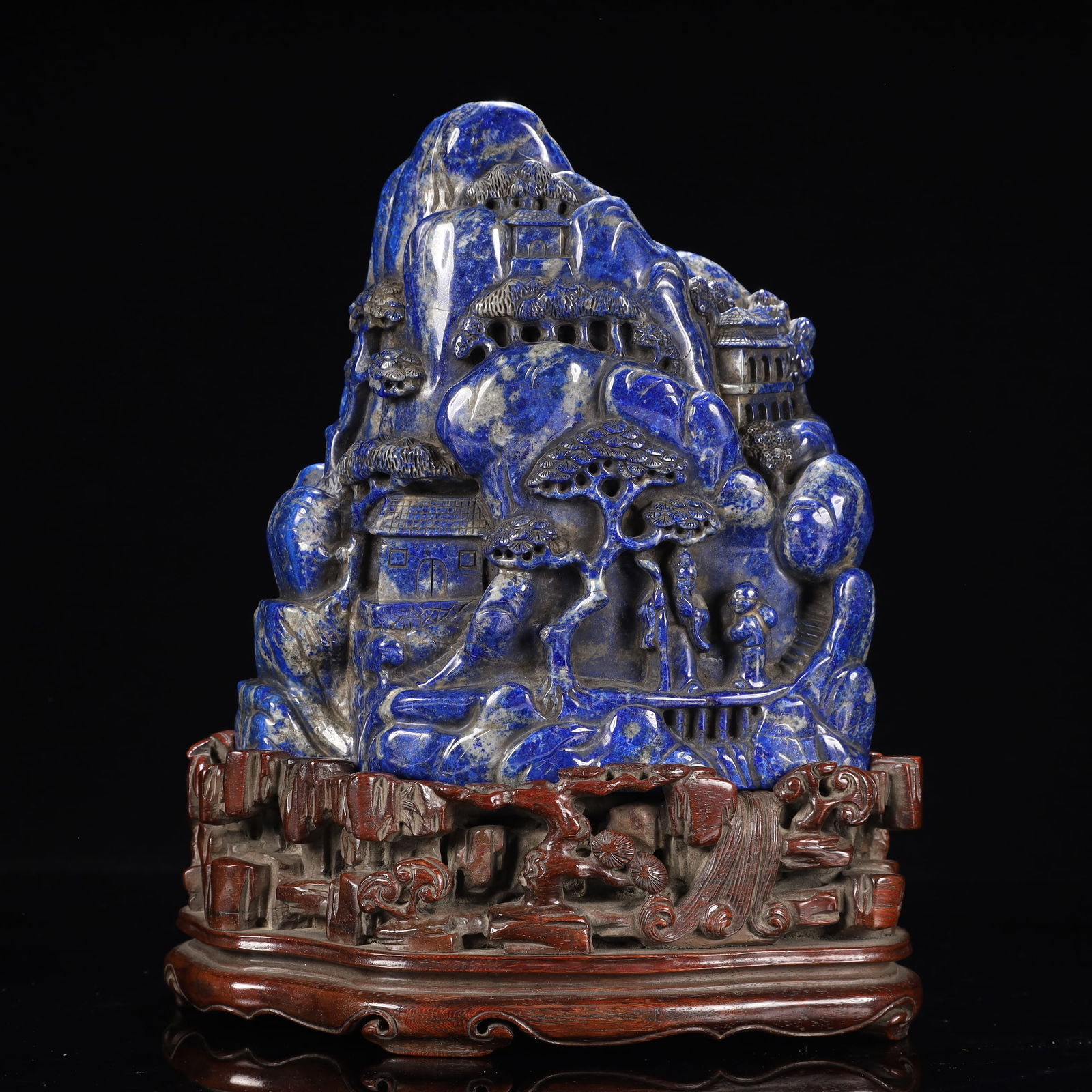 An Exquisite Lapis Lazuli Landscape and Figure Pattern Ornament,With Poem,With Base: An Exquisite Lapis Lazuli Landscape and Figure Pattern Ornament,With Poem,With Base,Qing Dynasty, China,Size:6.7inx3.9inx4.3in,Weight:3950g 青金石山水人物 
