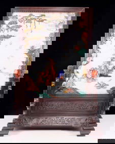 An exquisite zitanwood lacquered, gold-embedded, character-patterned table screen