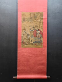 A Chinese Vertical Scroll Ink Painting of Character and Story on Silk,Gu Kaizhi