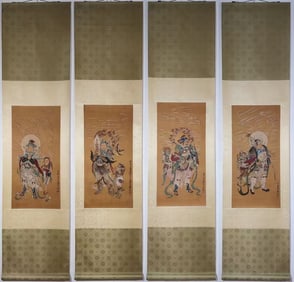 A Set of Chinese Vertical Scroll Ink Painting of Heavenly King on Silk,Zhang Daqian