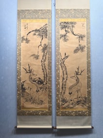 A Pair of Chinese Vertical Scroll Ink Painting of Pine and Deer on Paper,Bada Shanren