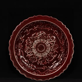 A Rare Ji Red Glazed Trigram,Eight Treasures and Dragon Pattern Plate