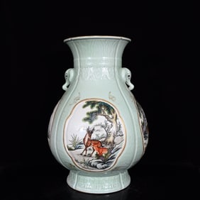 A Rare Celadon Glazed Famille-Rose Painted Gold Animal Pattern Elephant-Ears Vase