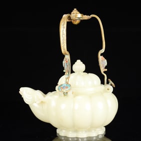 An Exquisite White Jade Inlaid Cloisonne Goat-head Ewer