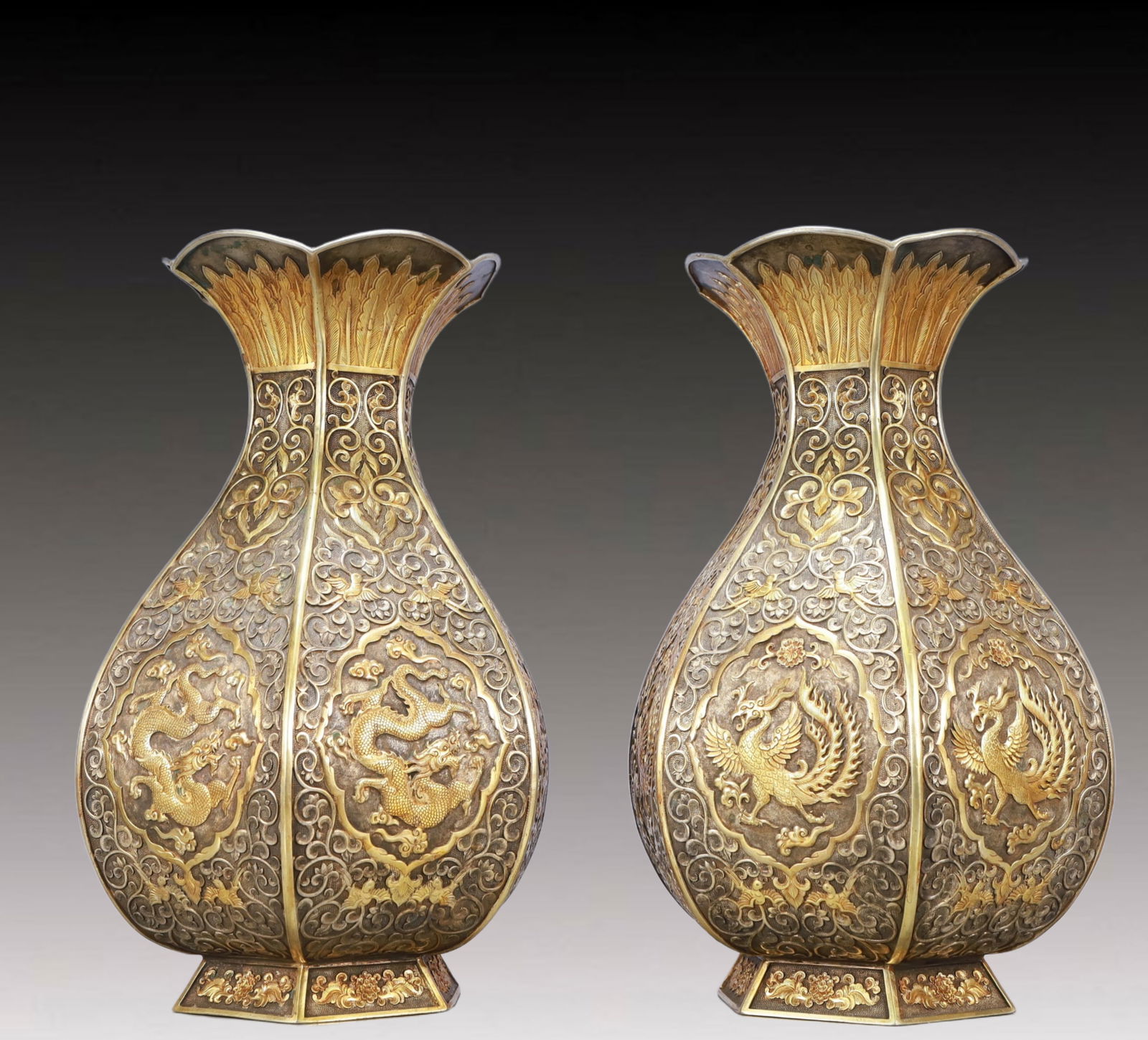 A Pair of Huge Gilt Silver Dragon and Phoenix Pattern Vases (1 of 18)