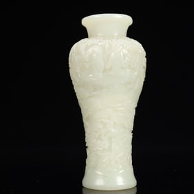 An Exquisite White Jade Figure,Pine and Crane Pattern Vase