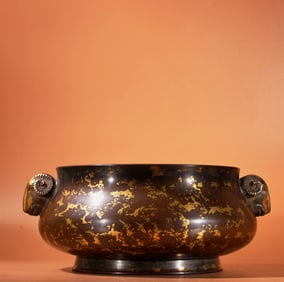 An Exquisite Bronze Sprinkled-Gold Goat-Ears Censer