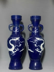 A Pair of Huge Ji Blue Glazed Dragon Pattern Elephant-Ears Vases