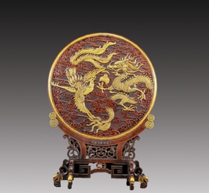 A Solemn Gilt Bronze Bats and Dragon,Phoenix Pattern Table Screen