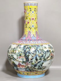 A Huge Yellow Ground Famille-Rose Painted Gold Landscape and Figure Pattern Vase