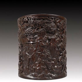 An Exquisite Zitanwood Character and Story Pattern Brush Pot