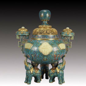 Cloisonne Inlaid White Jade Dragon Pattern Double-Ears Tripod Ornament