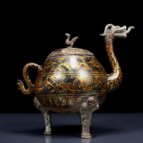 A Rare Bronze Inlaid Gold and Silver Auspicious Beast Tripod Censer