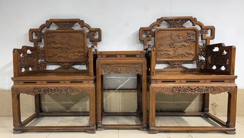 A Set of Huge Huanghuali wood Pine and Crane Pattern Chairs