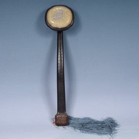 A Huge Zitanwood Inlaid White Jade Ganoderma lucidum Pattern Ruyi,With Poem