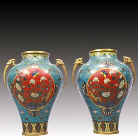 A Pair of Exquisite Cloisonne Lotus and Flower Pattern Double-Ears Vases