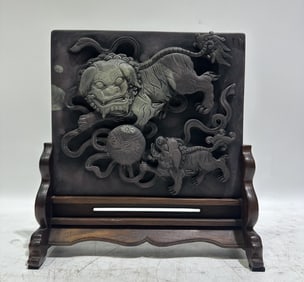 An Exquisite Zitanwood Lion Pattern Screen,With Huanghuali wood Base