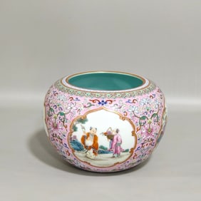 An Exquisite Pink Ground Famille-Rose Painted Gold Character and Story Pattern Water Pot