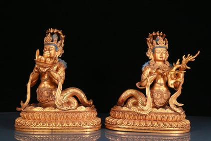 Two solemn gilt bronze Bodhisattva statues
