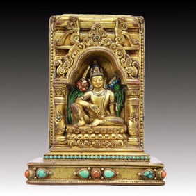 A Solemn Gilt Bronze Statue of Avalokitesvara,With Inscription,Inlaid Gems