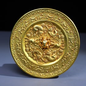 A Exquisite Gilt Bronze Relief Dragon Pattern Mirror