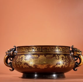 A Exquisite Red Copper Carved Pattern Gilt Double-Dragon-Ear Censer