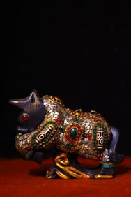A Exquisite Meteorite Cloisonne Inlaid Gems Dzi bead Buffalo Ornament