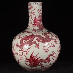 A Exquisite Pea-Green Glaze Carved Iron-Red Dragon Pattern Vase
