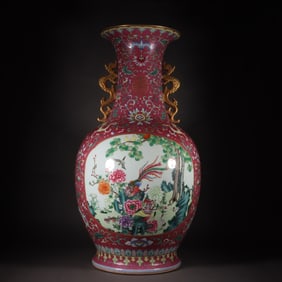 A Exquisite Famille-Rose Ruby Red-Glazed Ground Flower and Bird Pattern Double-Ears Vase