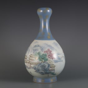 A Exquisite Famille-Rose Sky Blue Glazed Painted Gold Landscape and Figures Pattern Vase