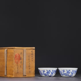 A pair of Exquisite Blue and White Flower and Bird Pattern Cup