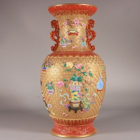 A Exquisite Enamel Carved Gold Ground Bogu Pattern Double-Ears Vase