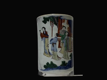 A Exquisite Blue and White Famille-Rose Figures Pattern Brush Pot
