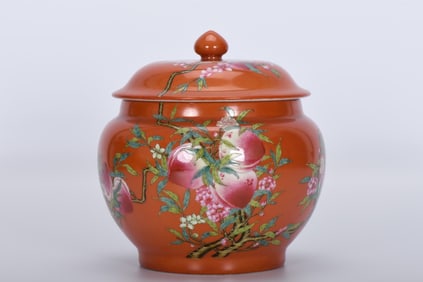 A Exquisite Coral Red Glazed Famille-Rose Bats and Peach Pattern Jar