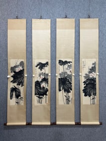 A Set of Chinese Vertical Scroll Ink Painting of Lotus on Paper